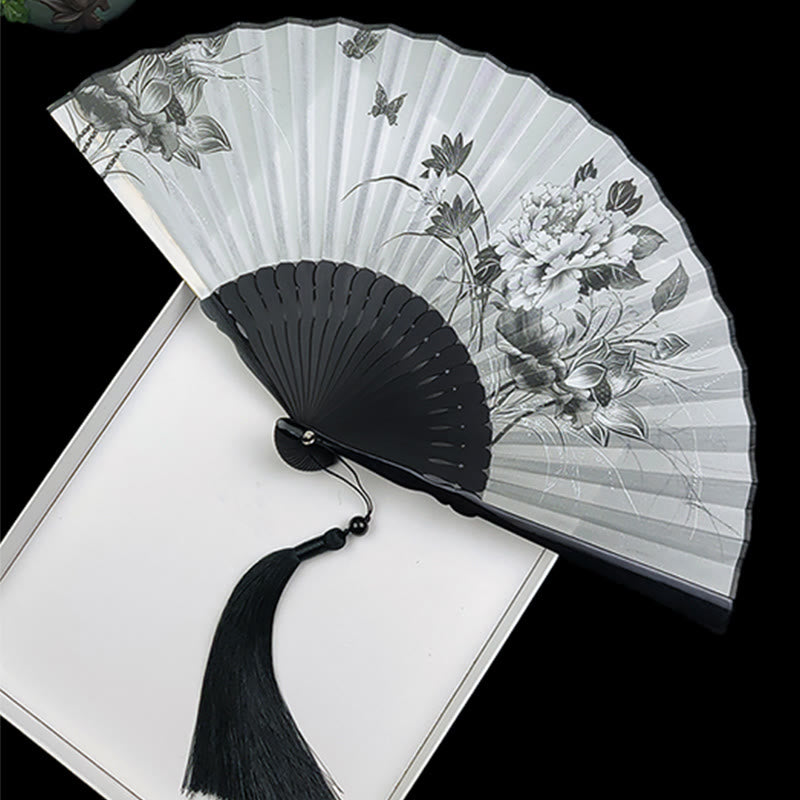 Vintage Bamboo Peony Butterfly Lotus Chinese Folding Silk Fan