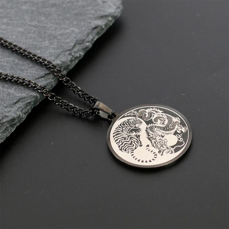 Titanium Steel Dragon Necklace with Tiger Dragon Harmony Pendant