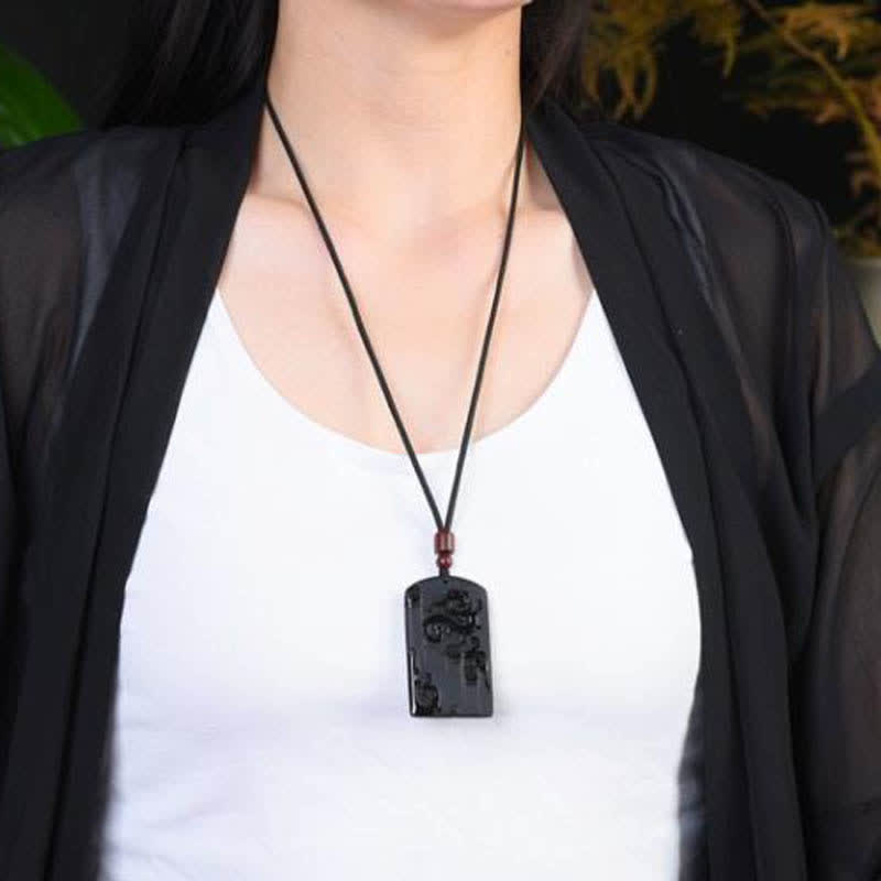 Black Obsidian Dragon Phoenix Necklace for Success & Protection