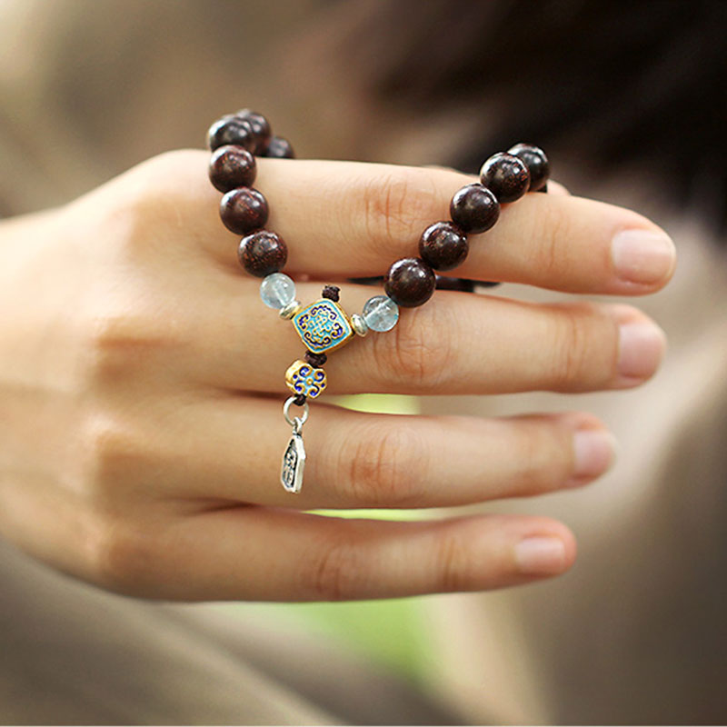 Aquamarine Bracelet with Red Sandalwood & 925 Silver Blessings