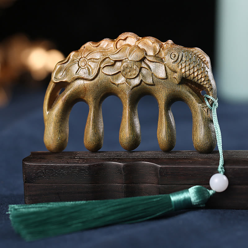 Green Sandalwood Tassel Comb with Lotus & Koi Fish Symbols