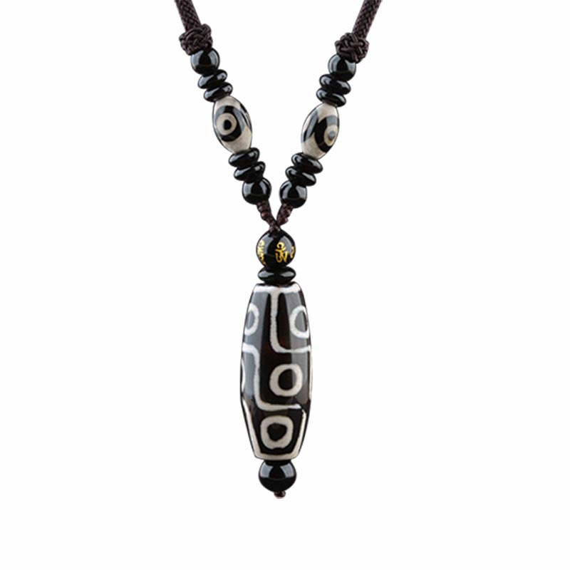 Nine-Eye Dzi Bead Obsidian Necklace 14mm Protection