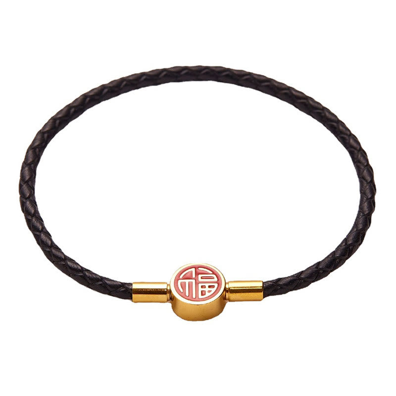 Fu Character Leather Buckle Bracelet for Good Fortune & Blessing