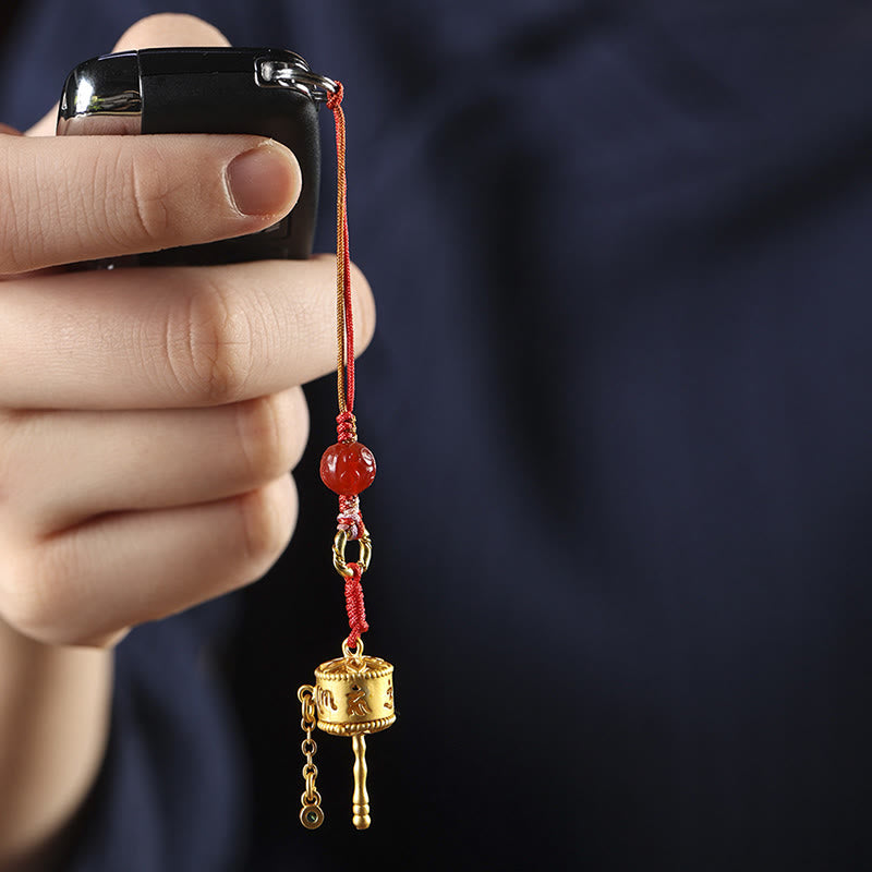 Om Mani Padme Hum Gebetsmühlen-Amulett aus rotem Achat mit Kupfer-Schutzanhänger