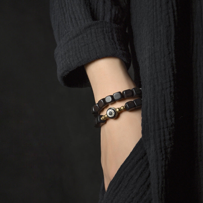 Ebony Wood Spiritual Peace Bracelet with Dzi Beads & Copper