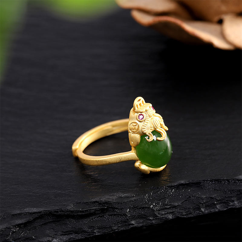 Adjustable 18k Gold Pixiu Jade Ring for Wealth & Luck
