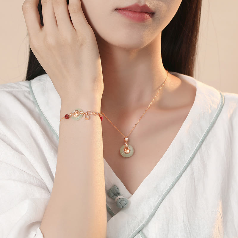 925 Sterling Silver Hetian Jade Peace Buckle Bracelet Necklace