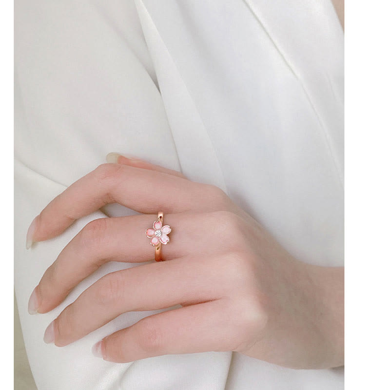 925 Sterling Silver Cherry Blossom Blessing Chain Bracelet with Rotatable Ring