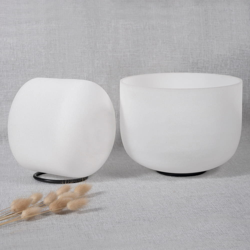 White frosted crystal singing bowls with black bases in Earth Star & Soul Star set