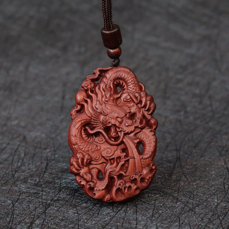 Lightning Struck Jujube Wood Double Dragon Protection Pendant