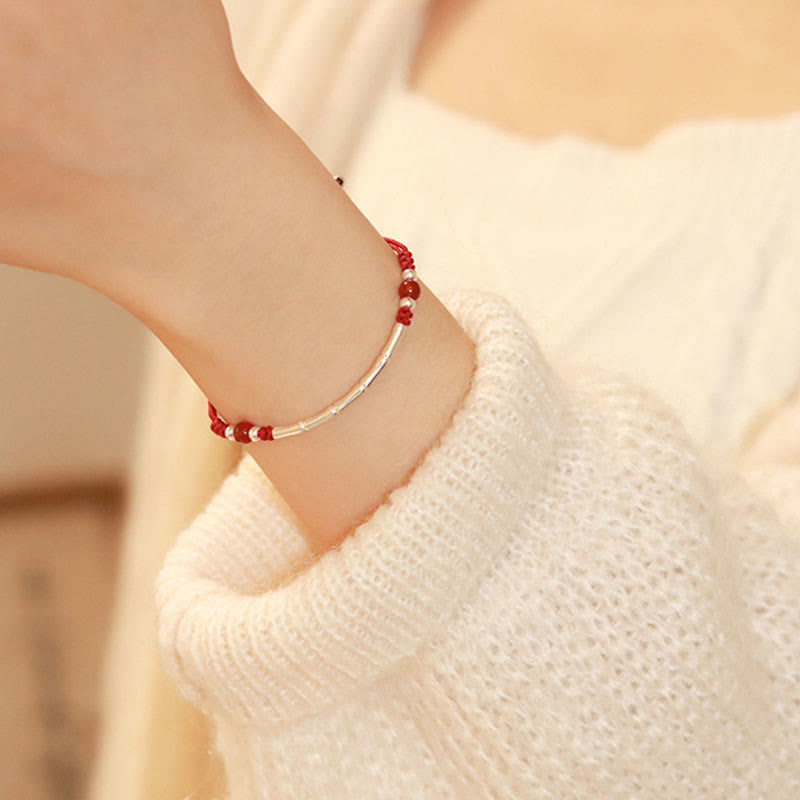 Unisex Sterling Silver Bamboo Red String Agate Protection Bracelet