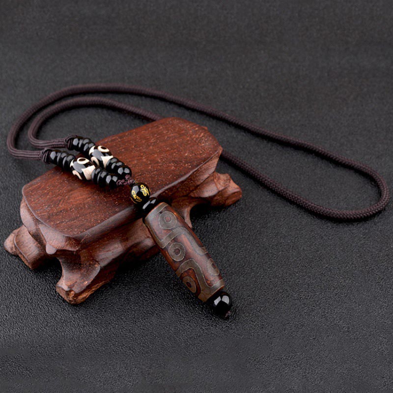 Nine-Eye Dzi Bead Obsidian Necklace 14mm Protection