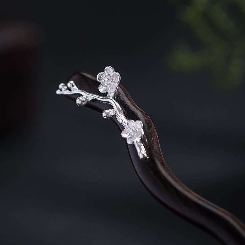 Ebenholz Pflaumenblüte Chinesische Haarnadel 925 Sterling Silber Klassisch