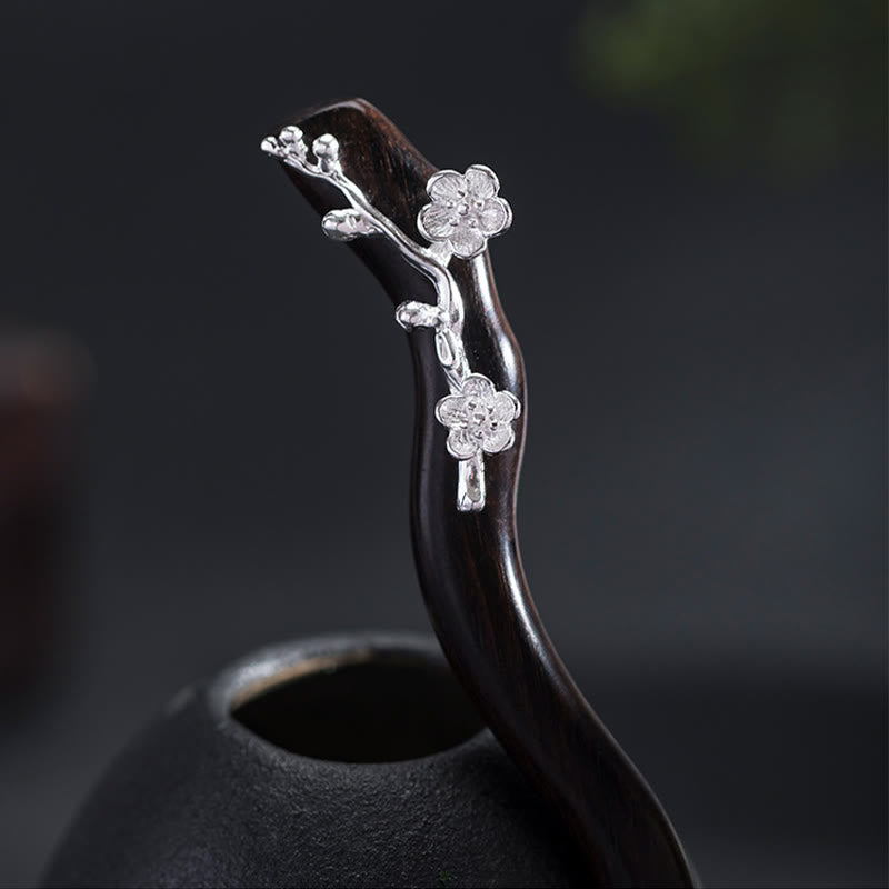 Ebenholz Pflaumenblüte Chinesische Haarnadel 925 Sterling Silber Klassisch