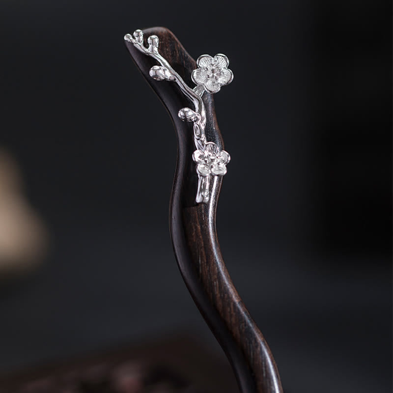 Ebenholz Pflaumenblüte Chinesische Haarnadel 925 Sterling Silber Klassisch