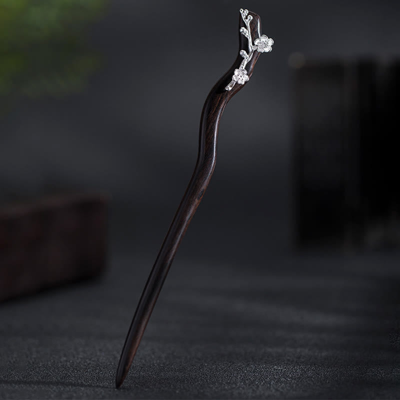 Ebenholz Pflaumenblüte Chinesische Haarnadel 925 Sterling Silber Klassisch
