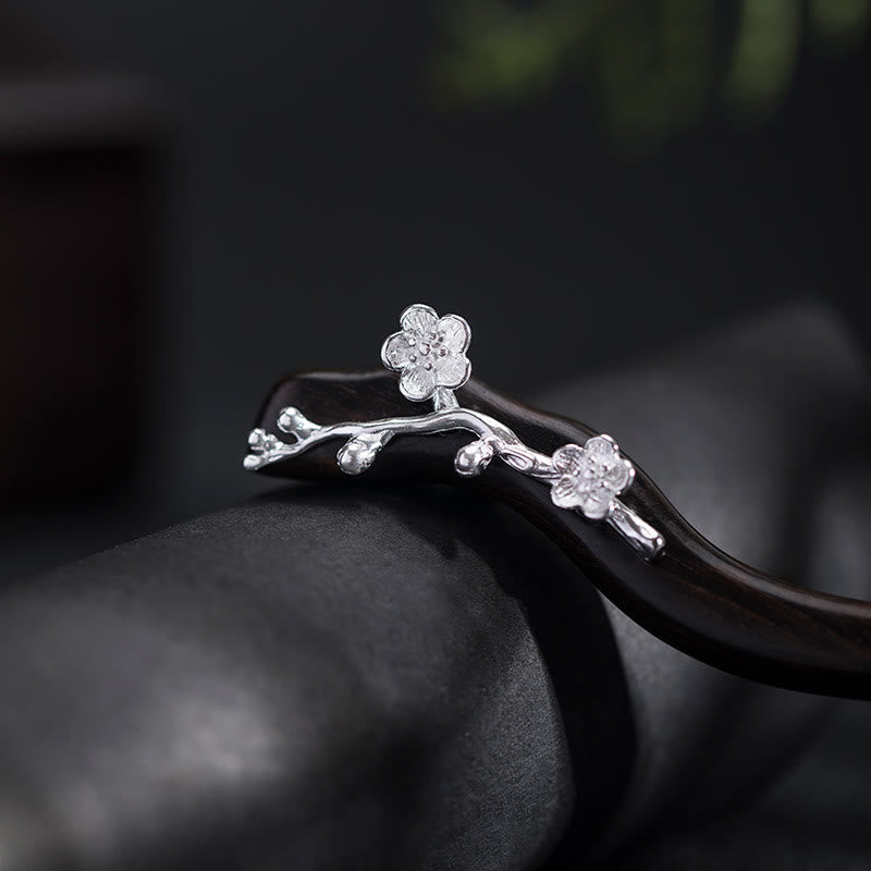 Ebenholz Pflaumenblüte Chinesische Haarnadel 925 Sterling Silber Klassisch