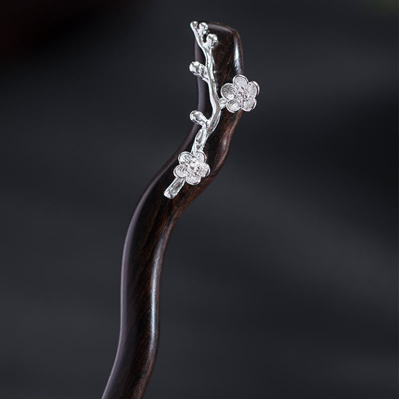 Ebenholz Pflaumenblüte Chinesische Haarnadel 925 Sterling Silber Klassisch