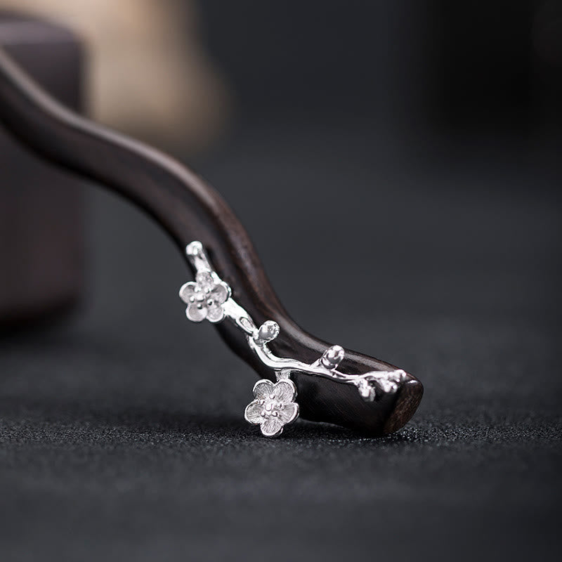 Ebenholz Pflaumenblüte Chinesische Haarnadel 925 Sterling Silber Klassisch