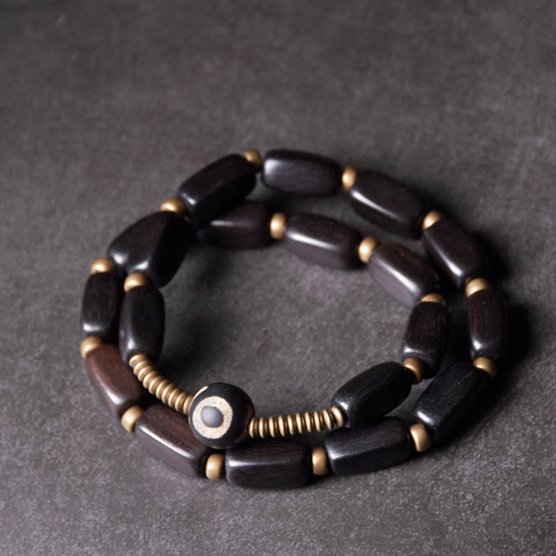 Doppelt gewickeltes Armband aus Ebenholz mit Dzi-Perlen für Balance