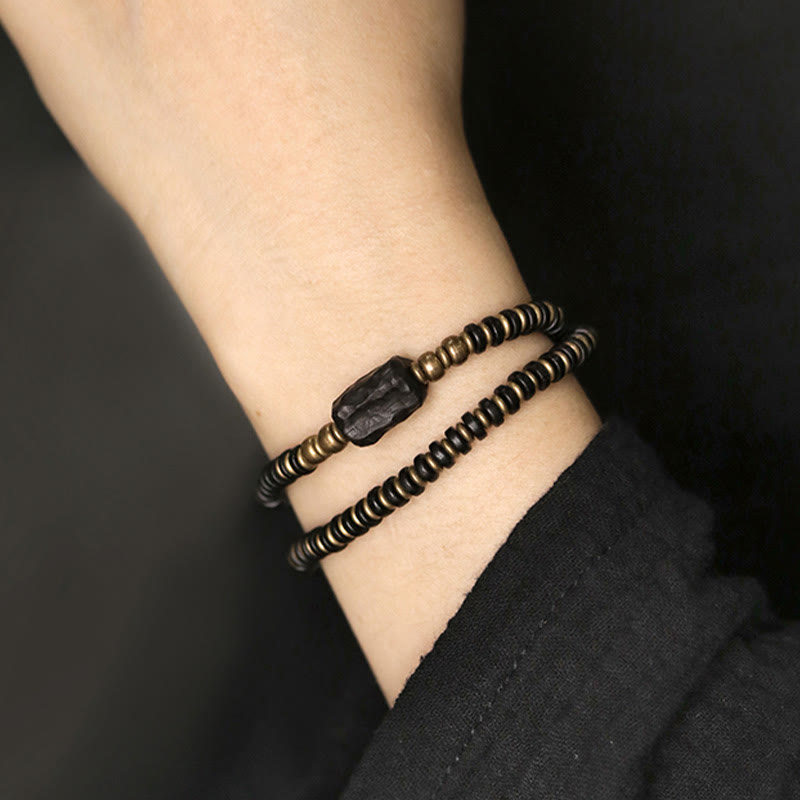 Doppelt gewickeltes Armband aus Ebenholz und grünem Sandelholz für Ruhe