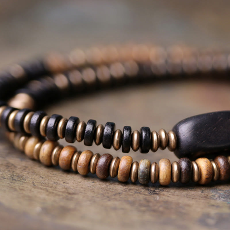 Doppelt gewickeltes Armband aus Ebenholz und grünem Sandelholz für Ruhe