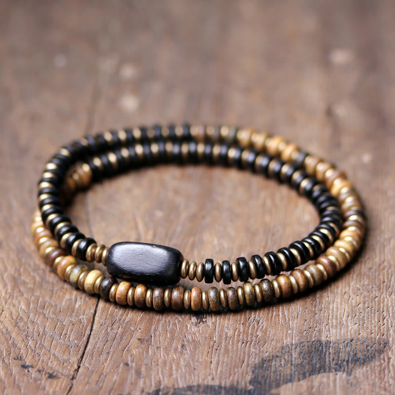 Doppelt gewickeltes Armband aus Ebenholz und grünem Sandelholz für Ruhe