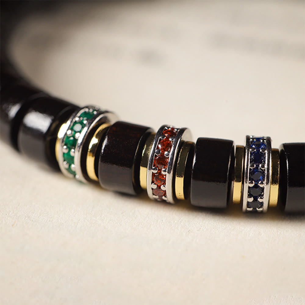 Peace-Armband aus Ebenholz mit kleinem Blatt aus rotem Sandelholz und Zirkon, Unisex