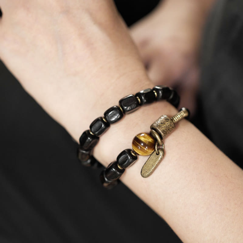 Doppelt gewickeltes Armband aus Ebenholz mit Tigerauge für Frieden und Ausgeglichenheit