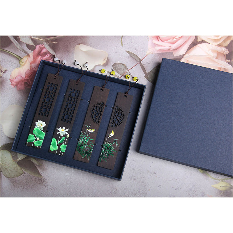 Zen-Lesezeichen aus Ebenholz mit grünem Lotus- und Pirol-Design