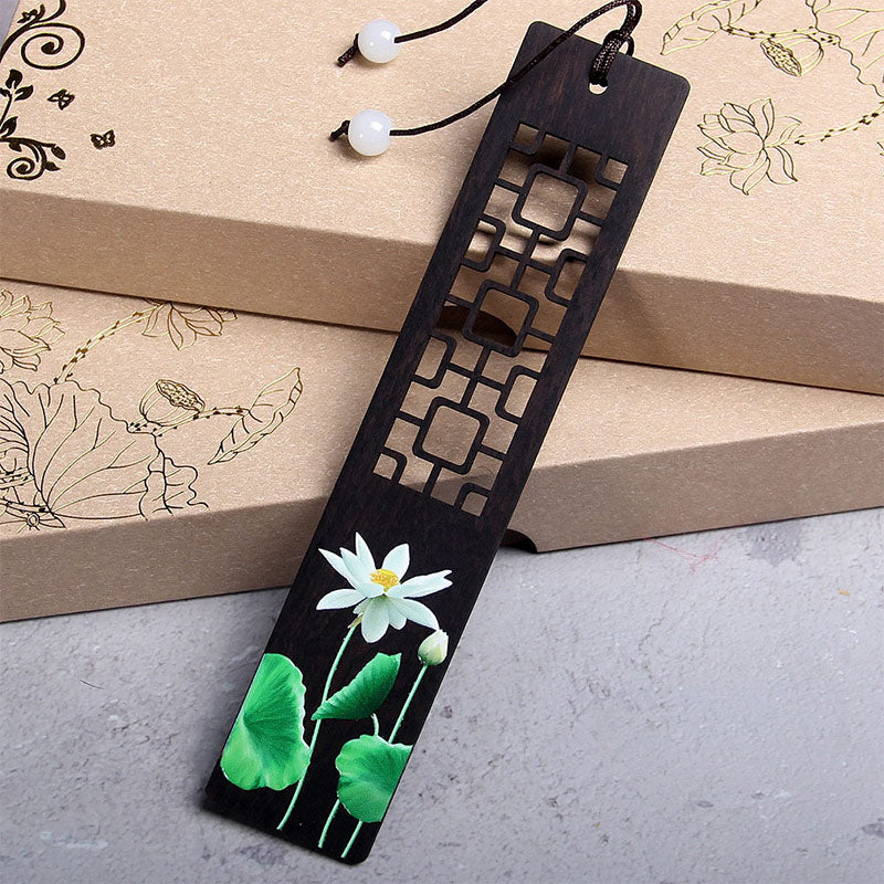 Zen-Lesezeichen aus Ebenholz mit grünem Lotus- und Pirol-Design