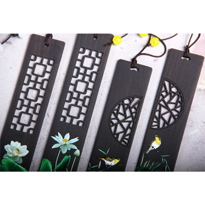 Zen-Lesezeichen aus Ebenholz mit grünem Lotus- und Pirol-Design