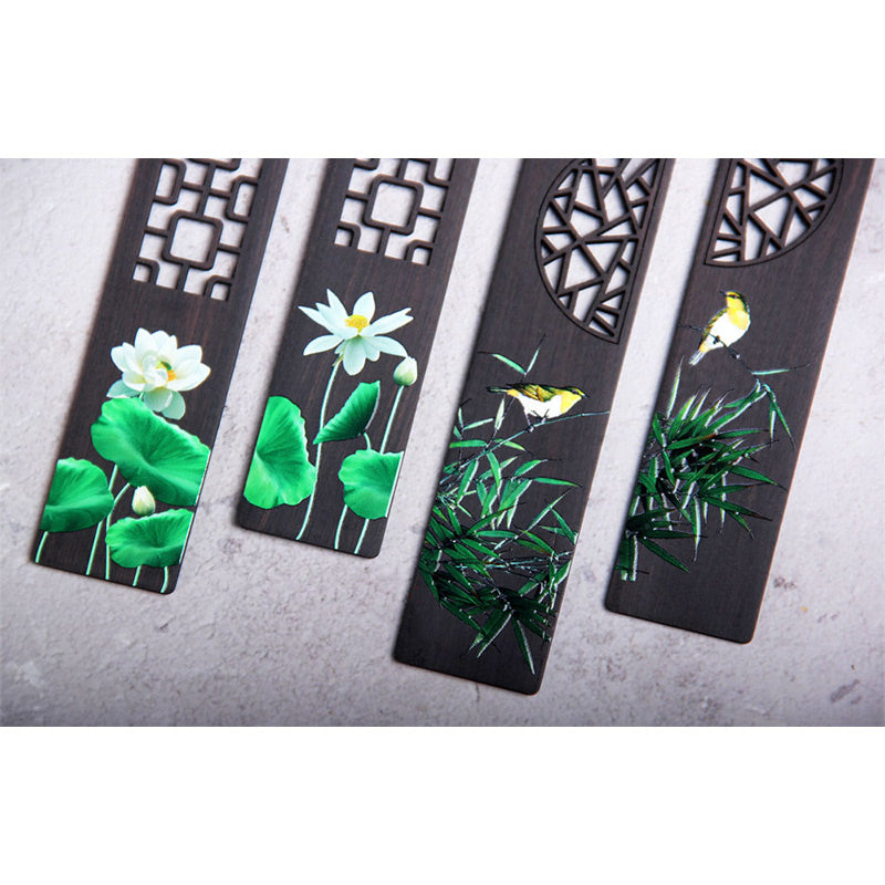 Zen-Lesezeichen aus Ebenholz mit grünem Lotus- und Pirol-Design