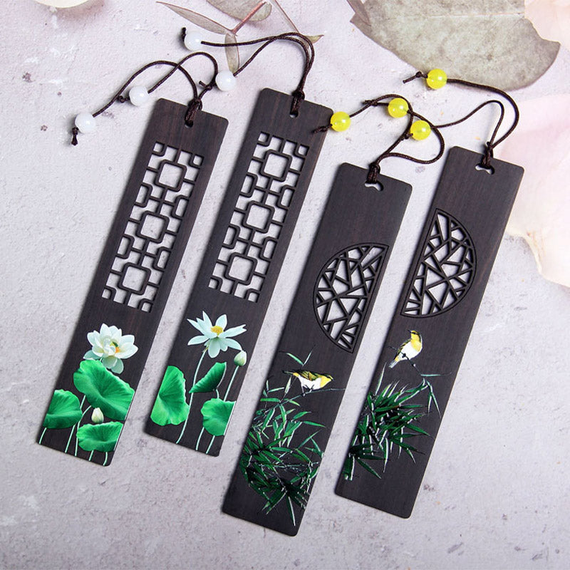 Zen-Lesezeichen aus Ebenholz mit grünem Lotus- und Pirol-Design