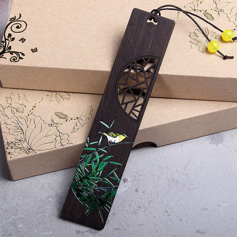 Zen-Lesezeichen aus Ebenholz mit grünem Lotus- und Pirol-Design
