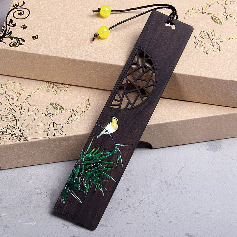 Zen-Lesezeichen aus Ebenholz mit grünem Lotus- und Pirol-Design