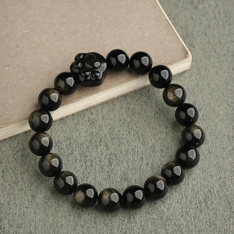 Gold Sheen Obsidian Bracelet with Lucky Cat Paw Charm for Protection