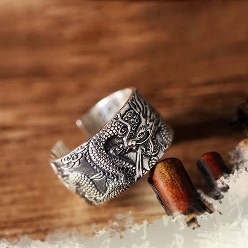 Adjustable 999 Sterling Silver Dragon Protection Success Ring