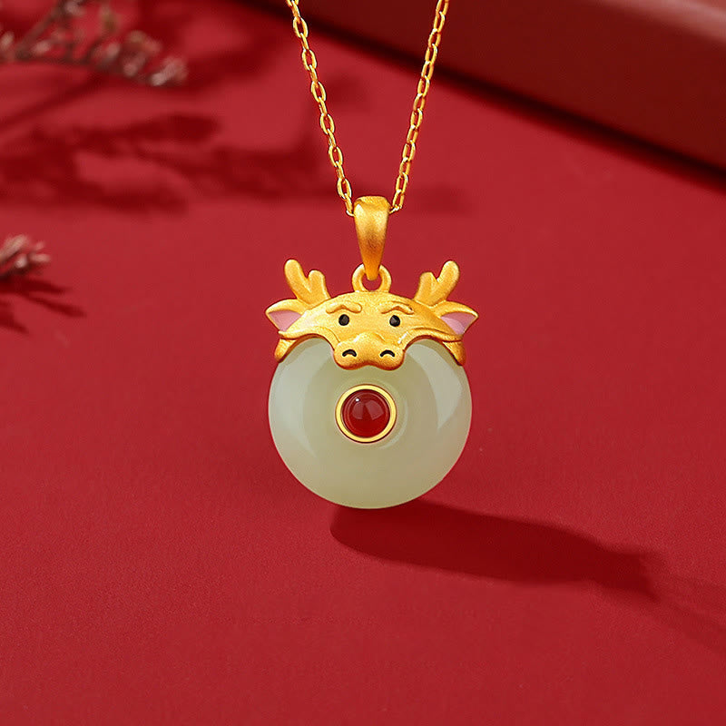 925 Sterling Silver Hetian Jade Dragon Necklace for Luck & Protection