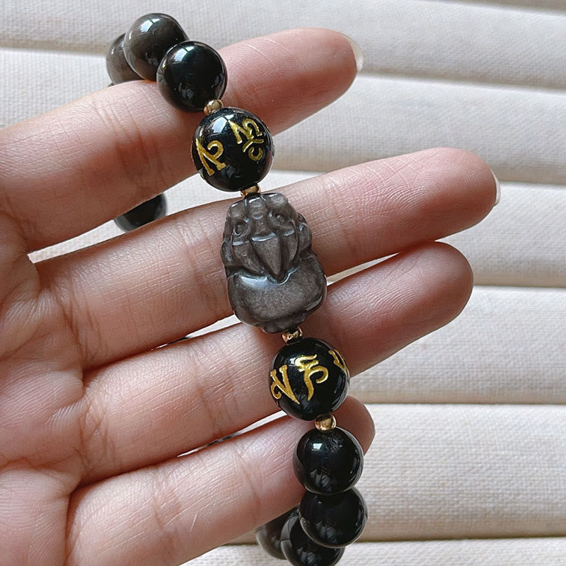 Silver Sheen Obsidian Pixiu Protection Bracelet 14-16cm