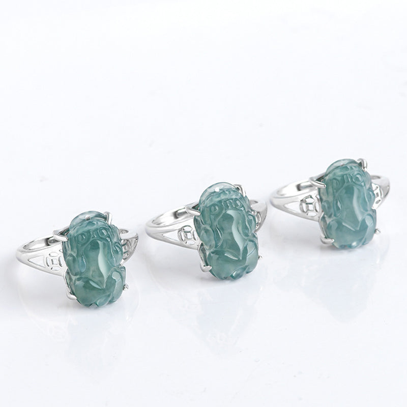 Sterling Silver Jade Pixiu Ring for Wealth & Luck