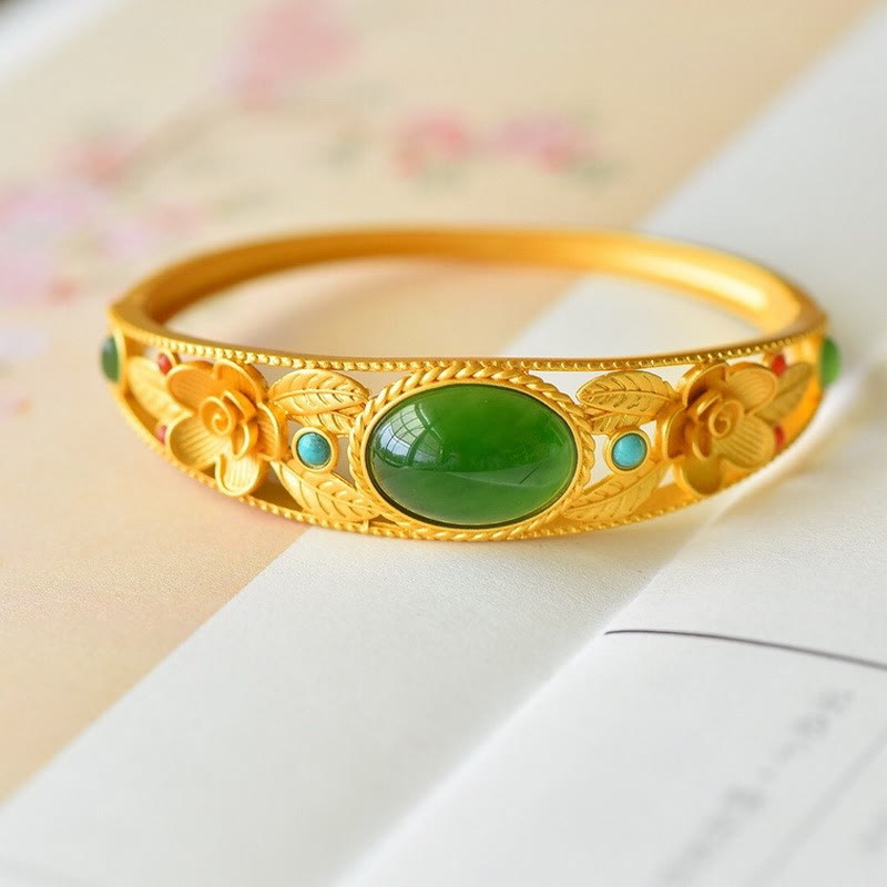 Harmony Luck Jade Bracelet with Flower Leaf Design
