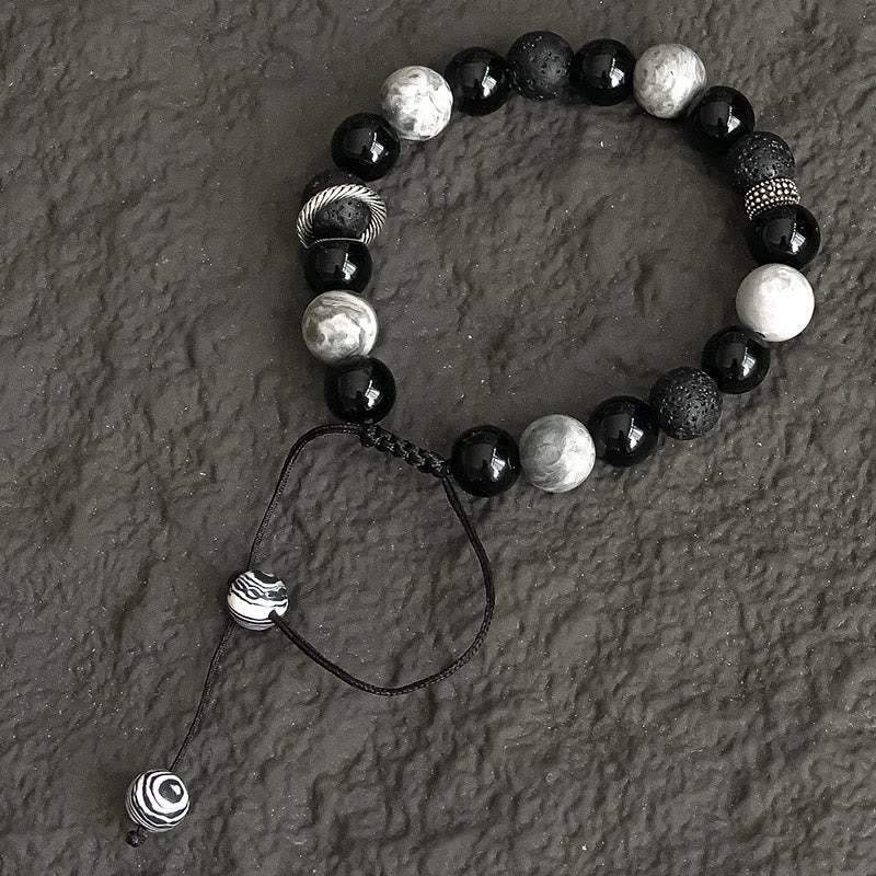 Vintage Lava Rock Black Obsidian Picasso Jasper Bracelet for Grounding
