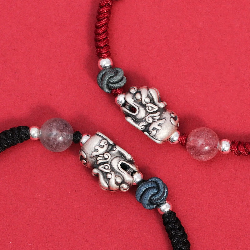 999 Sterling Silver PiXiu Strawberry Quartz Rose Quartz Bracelet for Wealth