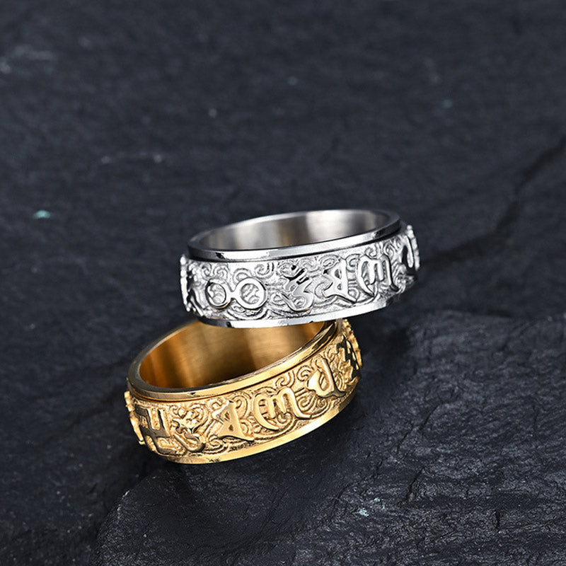 8mm Titanium Steel Om Mani Padme Hum Ring for Balance & Calm