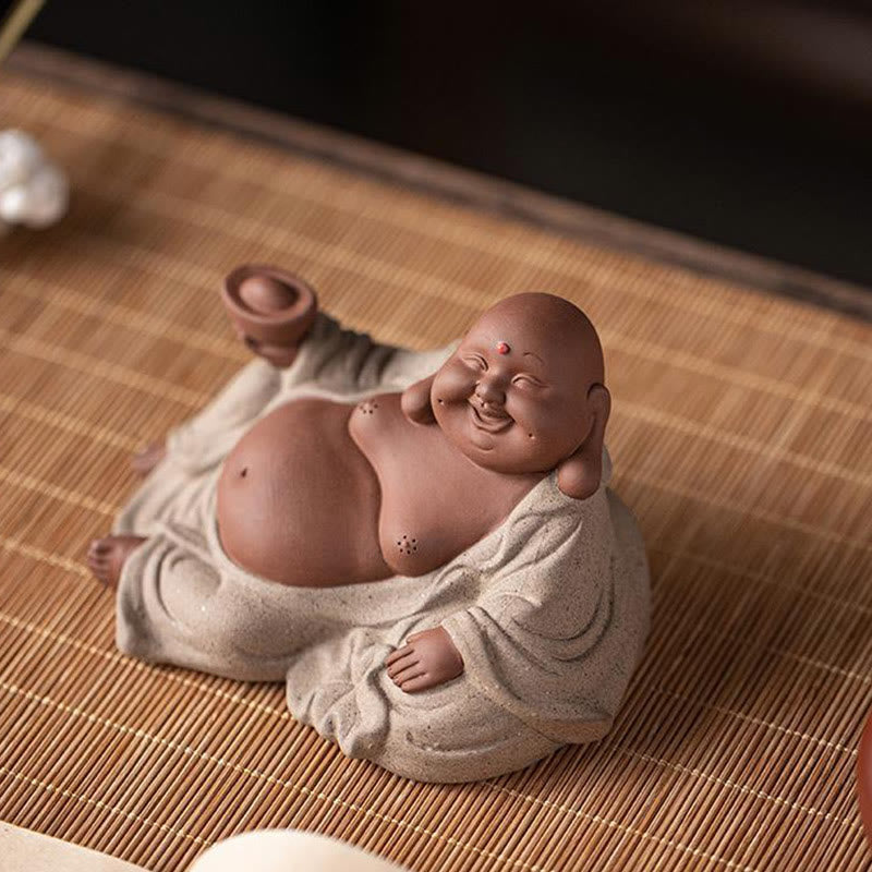 Purple Clay Laughing Buddha Statue 13.5cm for Wealth & Joy