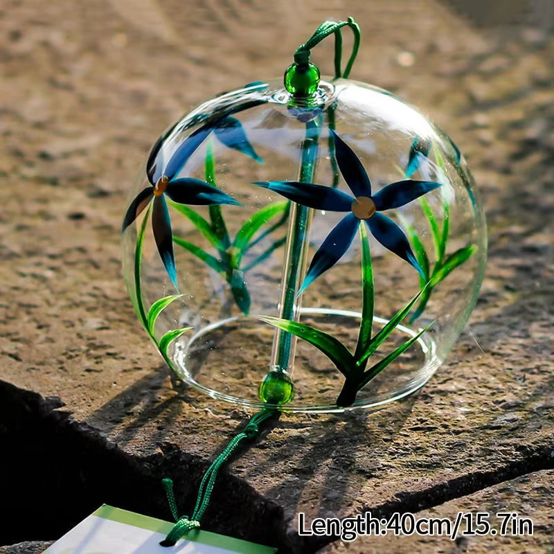 Japanese Glass Wind Chime Ornament with Blue Flowers and Green Stems in Sphere