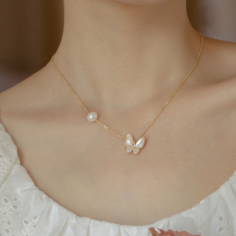 14K Gold Pearl Tridacna Butterfly Jewelry Set - Ring Necklace Earrings