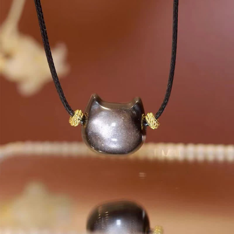 Gold Sheen Obsidian Bracelet with Lucky Cat Paw Charm for Protection