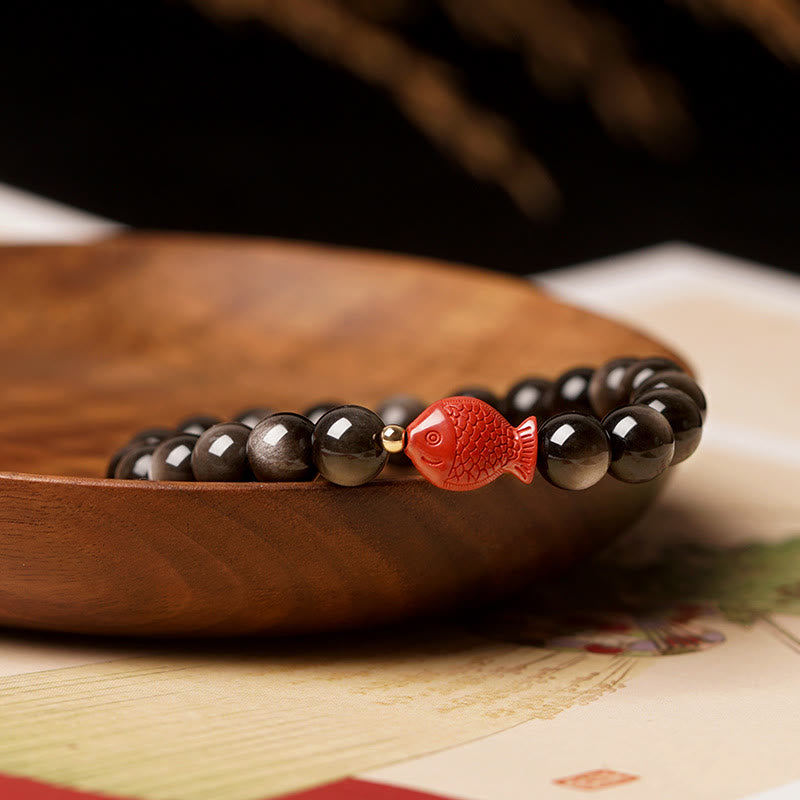 Silver Sheen Obsidian Koi Fish Protection Bracelet 8mm
